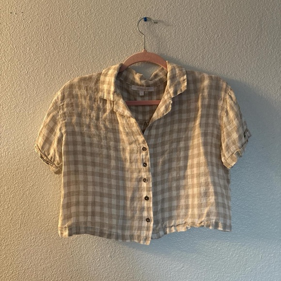 Olivaceous Tops - Olivaceous Beige Plaid Linen Top